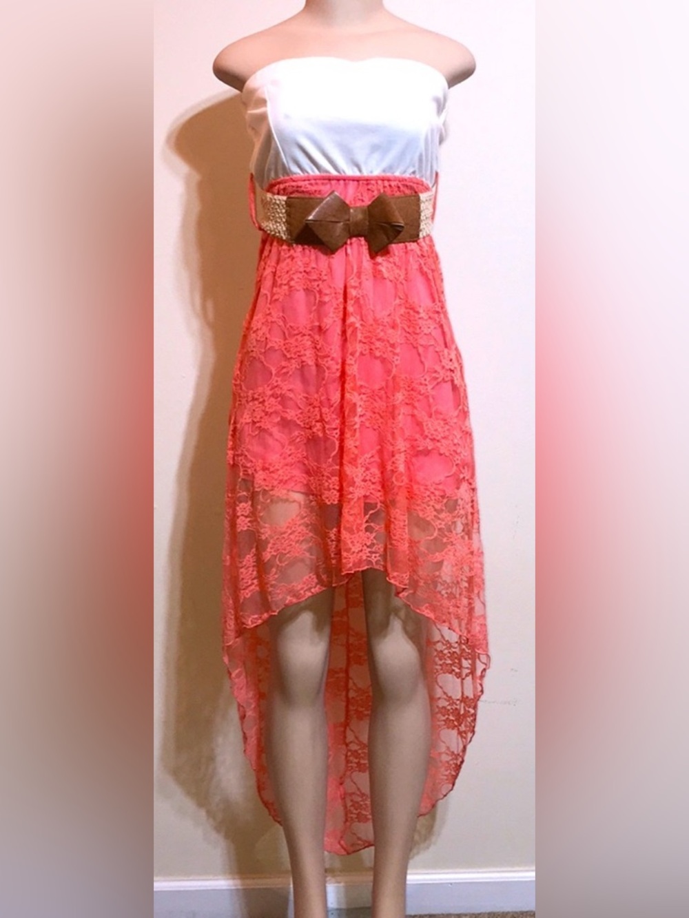 Rue21 Strapless High Low Lace Dress Coral Pink Cream Bow Belt Size M